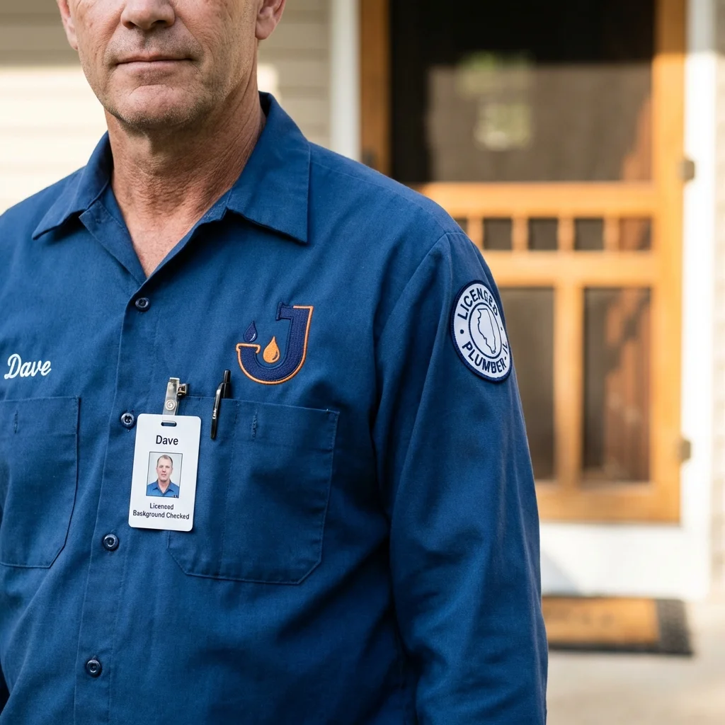 Licensed plumber showing ID badge in Scottdale, GA