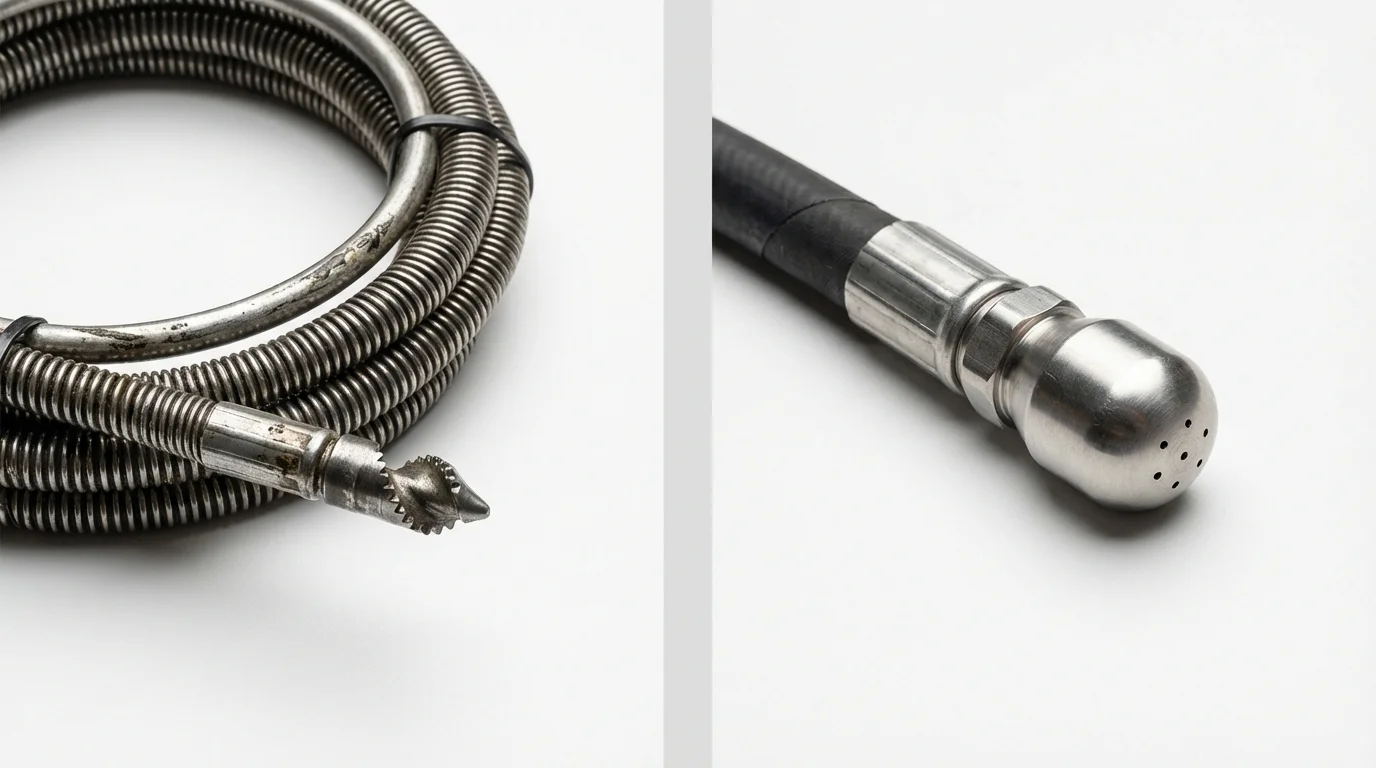 Drain snake cable and hydro jetting nozzle used for drain cleaning in Scottdale, GA