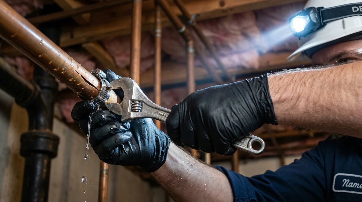 Emergency pipe clamp repair being performed by a Johns Plumbing LLC plumber in Scottdale