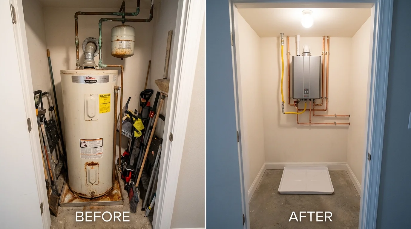 Tank water heater versus wall-mounted tankless unit comparison for Scottdale, GA homeowners