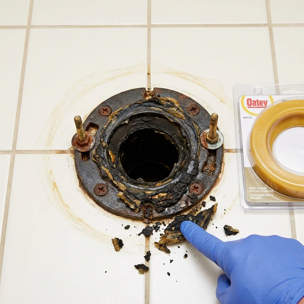Failed wax ring showing water seepage at the base of a toilet in a Scottdale, GA home