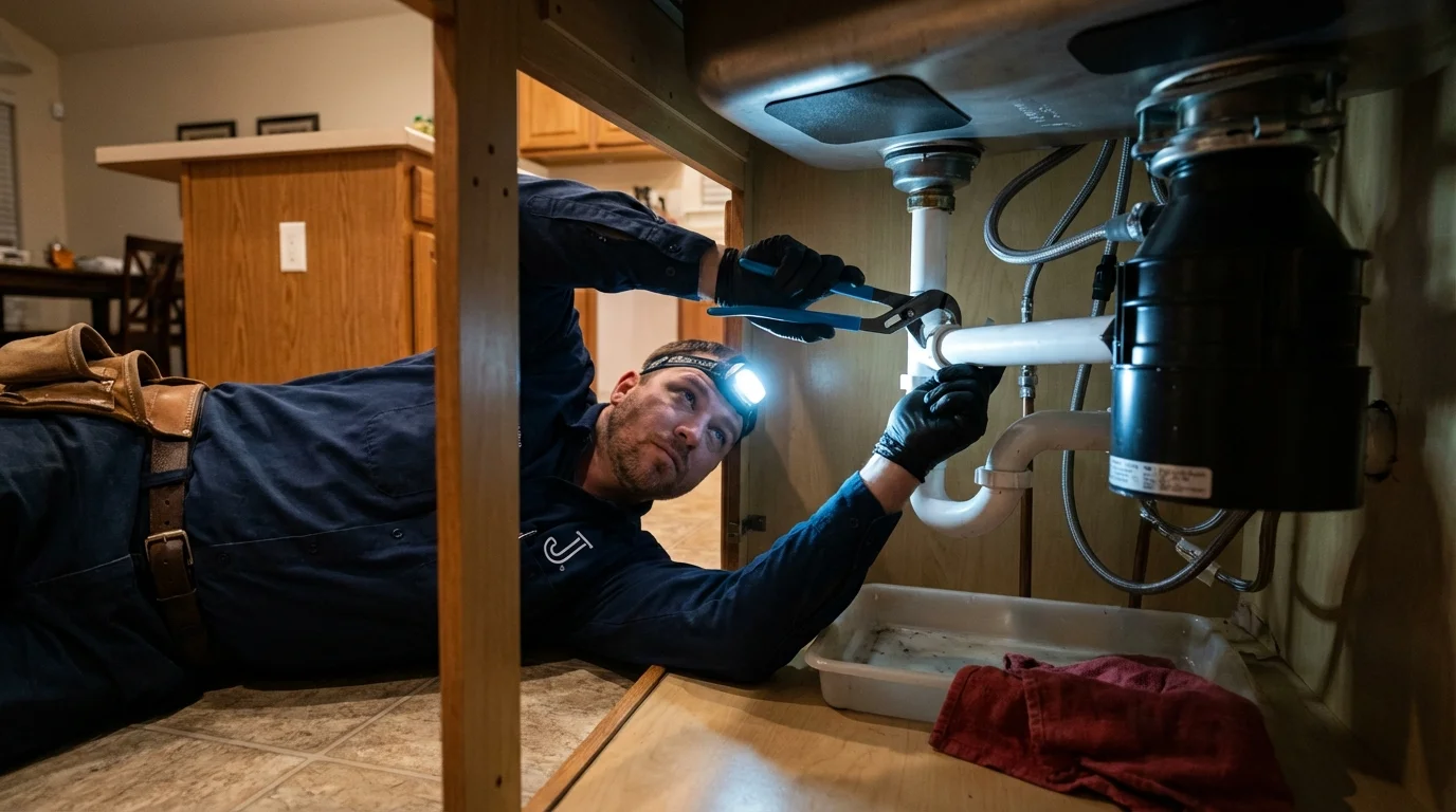 P-trap and supply line connections under a kitchen sink showing a common leak point in Scottdale, GA
